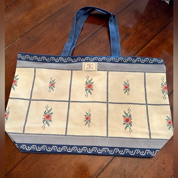 Sezane Handbags - Sezane Blue and Cream Tote Bag with Floral Design NEW